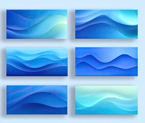 Abstract wavy background designs. Six horizontal, rectangular abstract backgrounds, each with fluid, flowing, undulating blue waves in varying shades.  