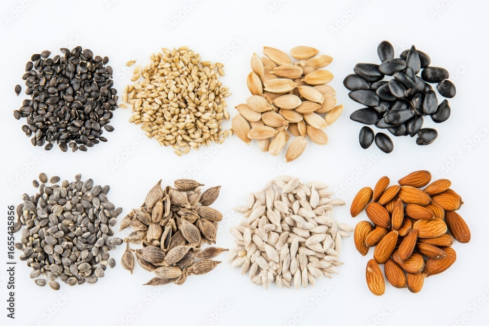 Aufkleber assorted seeds arranged in a visually appealing layout on a white background for culinary use