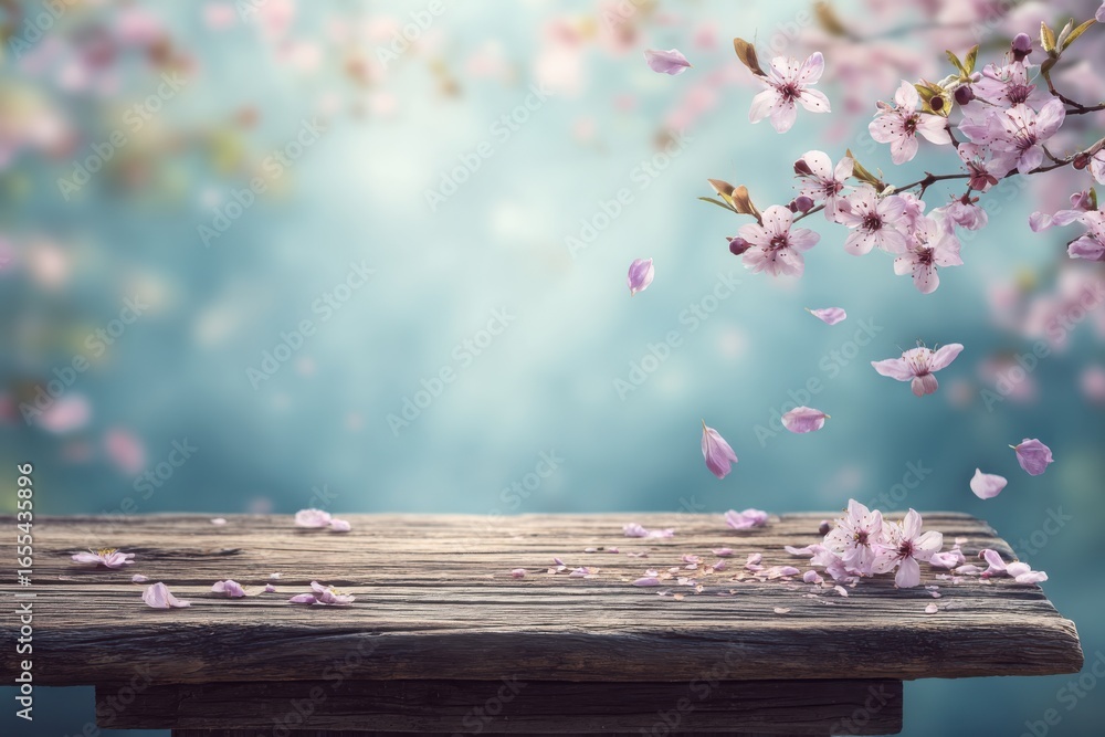 Poster blossoming cherry tree branches with petals falling over a rustic wooden table in soft focus backgro