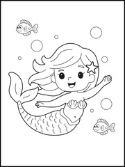 Happy Mermaid Swimming Underwater with Cute Fish and Bubbles – Fun Ocean Fantasy Princess Coloring Page for Kids, Preschool and Kindergarten – Simple Black and White Line Art