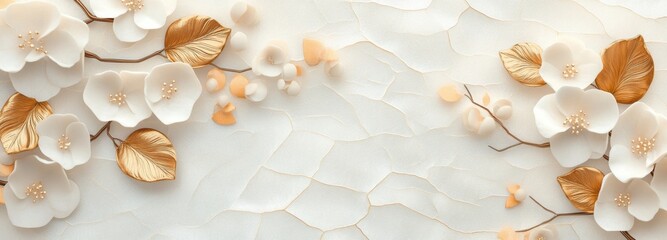 Fototapeta premium Elegant floral design featuring embossed golden leaves and delicate blossoms on a textured white background