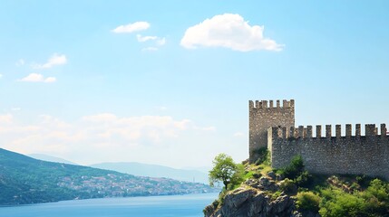 Fototapeta premium Ancient stone castle fortress perched on a cliff overlooking a vast body of water