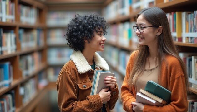 Two friends sharing a joyful moment in a library - Powered by Adobe