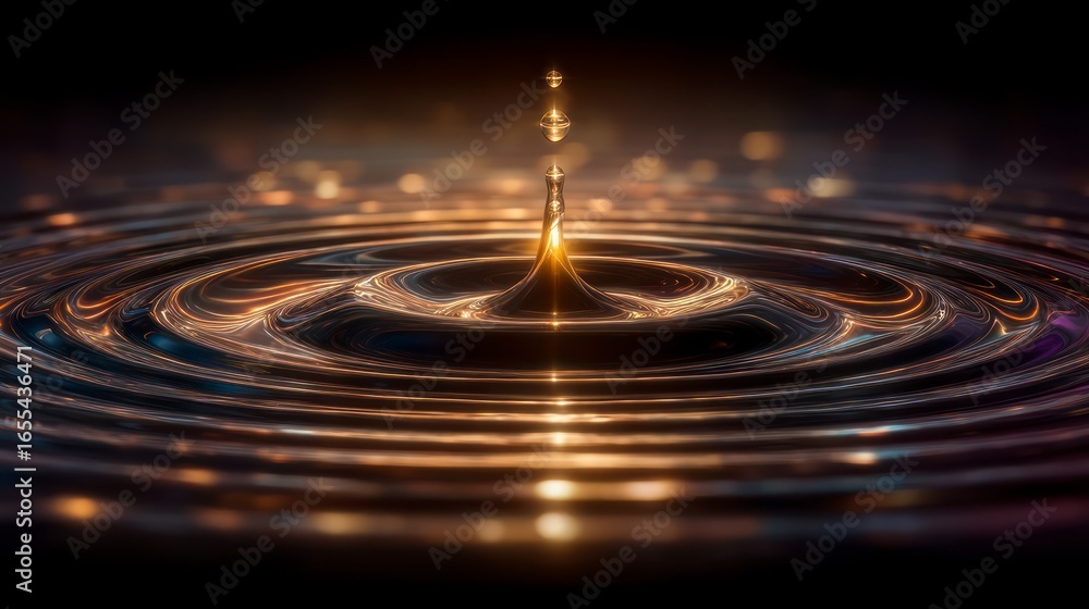 Poster golden water drop creating ripples with glowing light trails and bokeh background