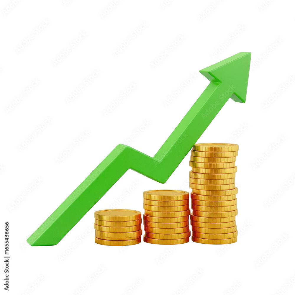 Poster 3d growing graph with coins isolated on transparent background