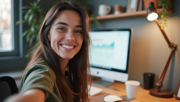 Cheerful woman taking a selfie in a cozy home office