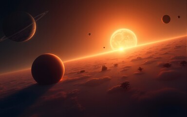 Sunrise over group of planets in space. High quality