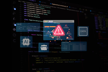 Futuristic concept of Laravel backend code with AI icons, data permissions, and system warning alert. Ideal for cybersecurity, data breach, backend development, and risk management visuals.