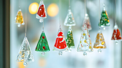 Four Christmas-themed ceramic coasters featuring Santa, a bell, a tree, and a snowman on a wooden tray