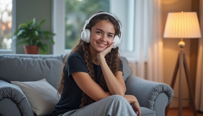 Obraz premium Smiling girl enjoying music with headphones at home