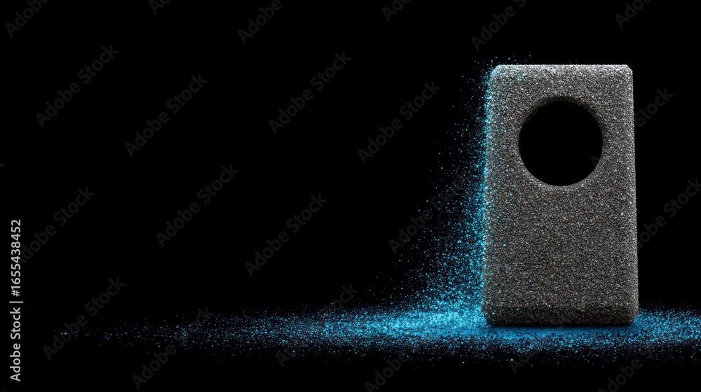 Poster rectangular object with circular cutout on black background with sparkling blue particles