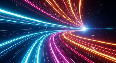 Fototapeta premium Colorful neon light trails forming abstract curved lines on dark background, symbolizing speed, data flow, and futuristic technology. Perfect for digital design, sci-fi, and innovation themes.