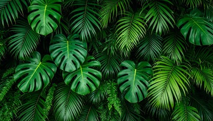 Lush Tropical Green Foliage Monstera and Palm Leaves Pattern Background.