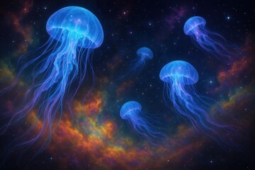 Ethereal cosmic jellyfish floating through rainbow nebula clouds in deep space with bioluminescent tentacles glowing
