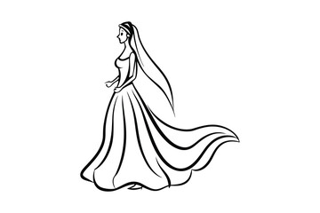 Elegant bride in a flowing wedding dress silhouette isolated on white background
