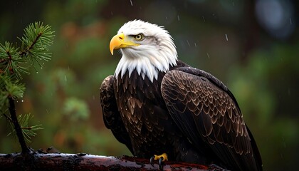 Obraz premium Majestic Bald Eagle Perched in Rain with Portrait Wildlife, USA National Bird, and Nature.