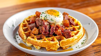 Fototapeta premium Savory waffle topped with a fried egg and diced bacon, a delicious breakfast dish