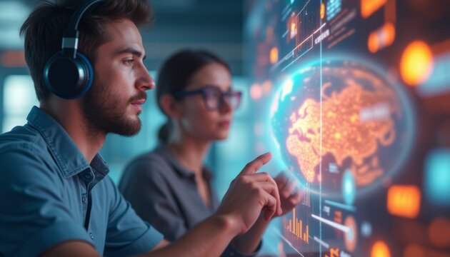 Focused young professionals analyzing data on a futuristic screen
