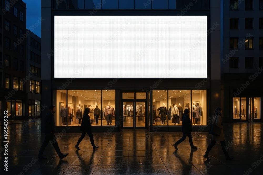 Poster interactive digital billboard displaying floating 3d content in busy urban shopping district at twil