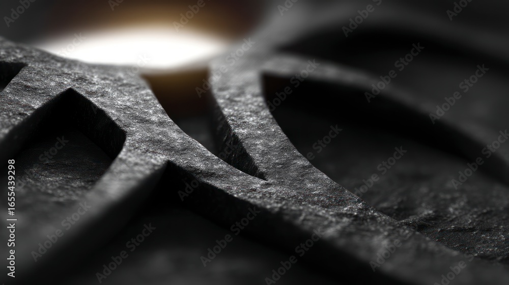 Aufkleber close up view of a rough textured dark grey abstract geometric shape with soft lighting