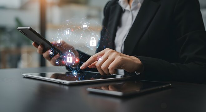 Data Security: Businesswoman using Tablet with Digital Security Overlay