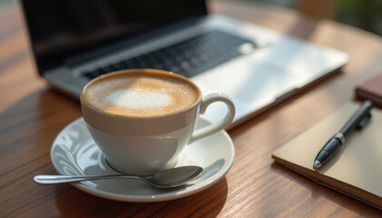 Warm coffee cup beside a laptop and notepad