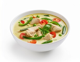 Thai green curry with chicken isolated on white

