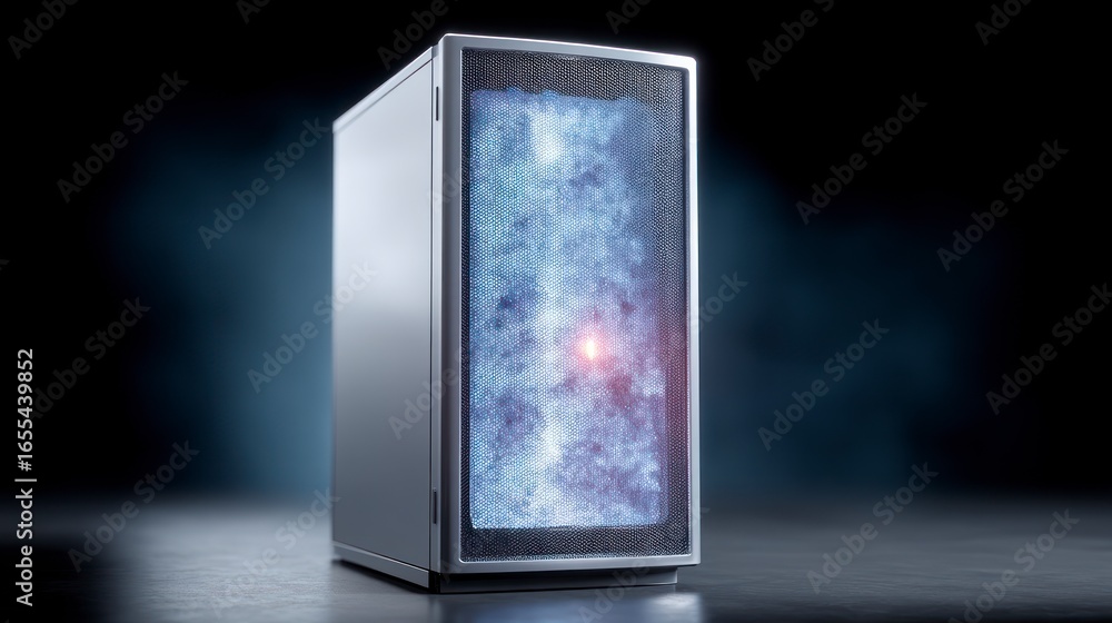 Poster sleek silver computer tower with a glowing nebula visible through its front mesh panel