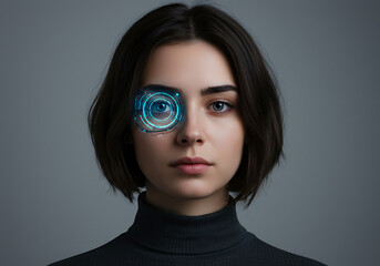 A young woman with short brown hair and a futuristic holographic interface projected over her left eye, suggesting advanced technology and augmented reality.