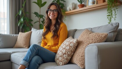 Obraz premium Smiling woman in cozy sweater sitting on a stylish couch