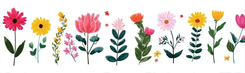 Colorful floral illustrations on a white background.  Various flowers and plants with bold, bright colors and simple, stylized designs. 