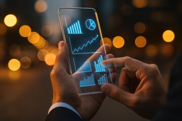 Professional businessman analyzing financial data on transparent smartphone while standing in urban business district