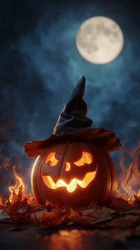 a creepy jack o lantern with flicking flames inside wearing a black witch's hat on a dark halloween night, sitting a some autumn leaves with a full moon high in the sky