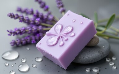 Lavender Soap on Grey Stone with Water Drops. High quality