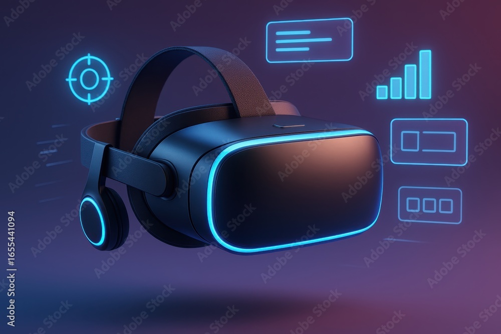 Poster sleek white vr headset floating in 3d space with holographic interface elements surrounding device