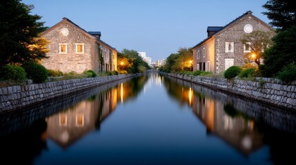 Fototapeta premium Historic stone buildings line a calm canal reflecting evening lights under a clear twilight sky
