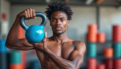 Strong man lifting a kettlebell in a vibrant gym