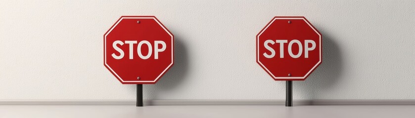 Obraz premium Two red stop signs stand against white wall, casting realistic shadows
