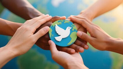 A close-up of diverse hands holding a symbol of the Earth with a white dove, representing World Peace Day on September 21st. The image conveys unity, hope, and global harmony.