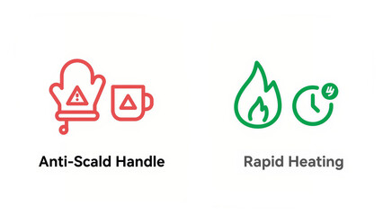 Anti Scald Handle and Rapid Heating icons: represent preventing hand burns and achieving rapid heating, used in kitchen appliances and heating equipment scenarios.