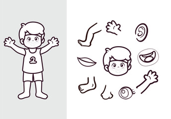 Cartoon Boy Body Parts Outline and Coloring Concept Vector