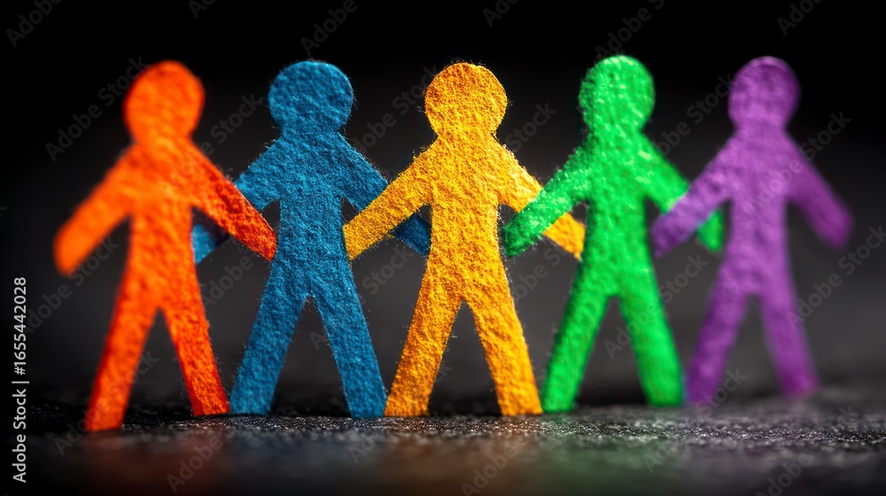Poster five diverse paper cut out people holding hands in a row representing unity and connection