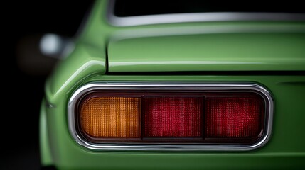 Close up of a vintage green car's rear light cluster with amber and red lenses