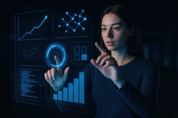 Woman manipulating holographic interface with advanced gesture controls in futuristic dark room