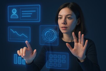 Woman manipulating holographic interface with advanced gesture controls in futuristic dark room