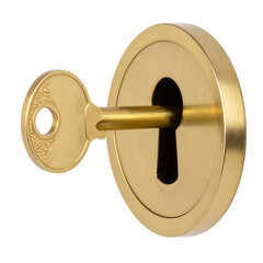 Key and Keyhole Isolated On White Background: Close-up view of a vintage brass key inserted into a keyhole, symbolizing security, access, and unlocking possibilities. 