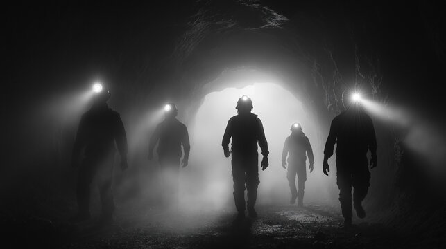 A dramatic photograph of miners emerging from a dark tunnel, covered in dust, with powerful headlamps cutting through the darkness, cinematic lighting, ultra-detailed, high-dynamic-range, full HD, sui