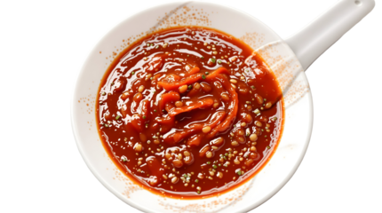 Vibrant, rich red sauce, slow-simmered with aromatic spices, beautifully presented in a crisp white serving pan, exuding warmth and culinary appeal for hearty pasta dishes.