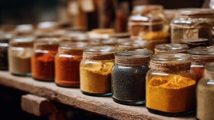 Colorful spice jars on wooden shelf