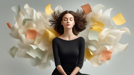 Overwhelmed businesswoman in modern office engulfed by floating multicolored sticky notes